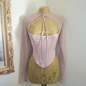 Women's Blush Pink Corset Camisole Top with Sheer Long Sleeves